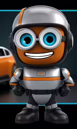 an orange toy with big eyes next to a black and silver robot
