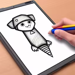 someone is drawing a character with a crayon pencil,hand drawn cartoon of a drawing on tablet computer