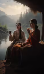 two women sitting on the ground holding glasses