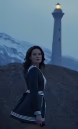 a young lady standing in front of a light house