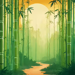 an orange sky above the green bamboo trees,a painting of a tropical sunset behind bamboo trees
