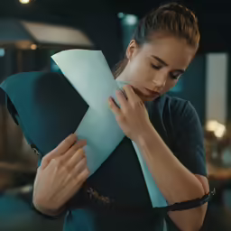 a woman cutting a piece of paper with scissors