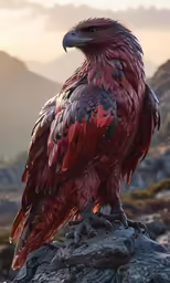 a red and gray bird with black wings sitting on top of a rock