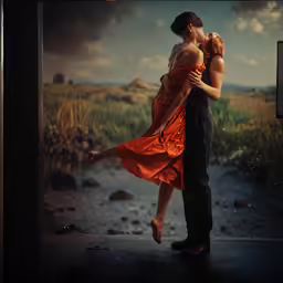 man and woman in dress kissing outside under a cloudy sky