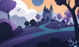 a painting of a woman walking down a road in front of a castle