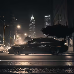 a black car in the dark on a city street