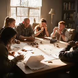 people sit around a wooden table and play a board game