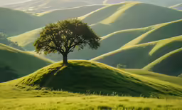 green hilly area with trees, and sunlight on top
