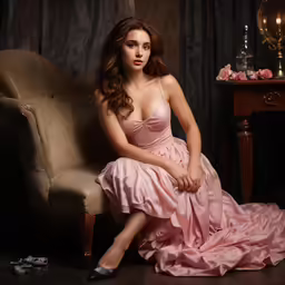 a woman in a dress is sitting on a chair