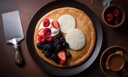 a pancake with different toppings and fruit served