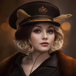 a woman wearing a hat with feathers and gold decorations