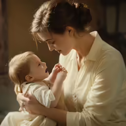 a woman holds a baby in a dress while looking at something