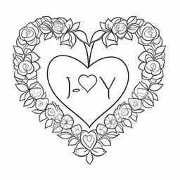 a heart with flowers, roses and an i love you word,an outline drawing of a heart with roses