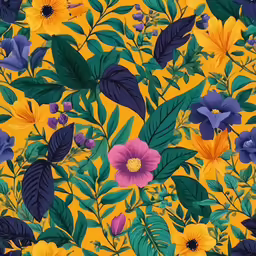 a yellow background with lots of flowers and plants