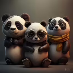 three 3d illustration of panda bears sitting and standing