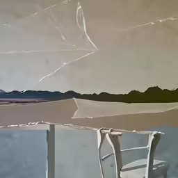 an artistic scene with a chair and mountains in the background