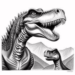 a drawing of two dinosaurs one is a baby and the other is an adult,two dinosaurs are shown facing each other,a drawing of an adult and baby t - rap,a drawing of two dinosaurs next to each other,a drawing of two dinosaurs with large teeth and mouths