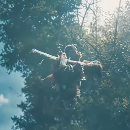 a man carrying another man while he takes pictures through the trees