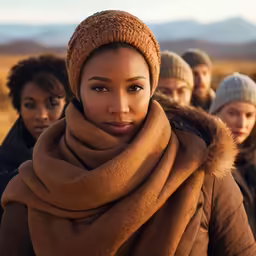 group of people wearing hats and scarves looking at the camera
