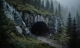 a person walking down a path into a rocky cave