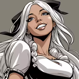 a woman with white hair and a black bow tie