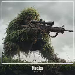 a gorilla in grass with a rifle on its back