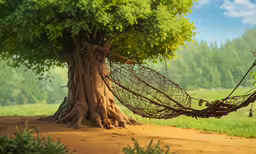a tree with a rope swing next to it,a hammock on a tree in a forest setting