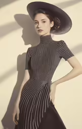 a model in an elegant striped dress and black hat
