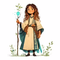a cartoon character with long hair is holding a staff