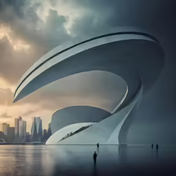 two people stand in front of an artistic art structure near a body of water