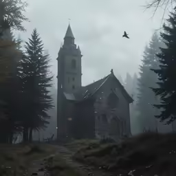 a old church in the woods, surrounded by tall trees