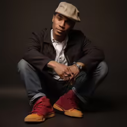 a man with red shoes and a hat sitting