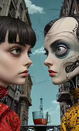 two women looking at each other with different colored eyes