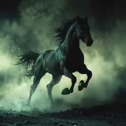 the horse has a beautiful mane as it runs along the beach
