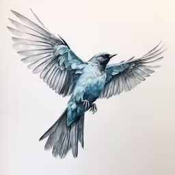 a blue bird is soaring with its wings spread open,a drawing of a bird with it