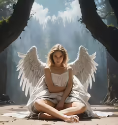 a woman with wings is sitting in the desert