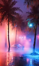 foggy night with car in front of palm trees