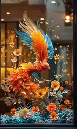 the window of a store with a bird in it
