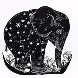 an elephant is standing alone under the stars,an elephant standing next to a star filled sky