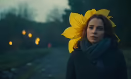 a woman with a sunflower in her hair