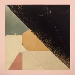 the image is a black and white triangle over some buildings,an image of art work with lines that are all over it