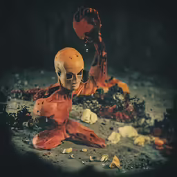 a skeleton sits on the ground with its head in something