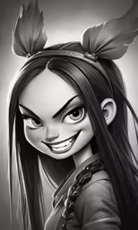 a girl with big eyes and long hair in a black and white photo