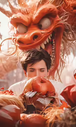 a boy eating apples in front of an orange mask