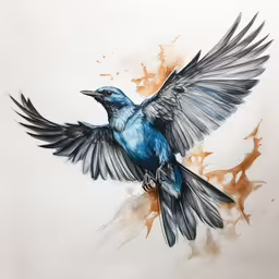 a painted bird with black and blue feathers,a drawing of a bird sitting on top of a wooden floor