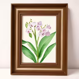 a painting of pink flowers framed in a brown box