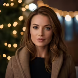 a woman in a jacket next to a christmas tree