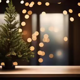a small evergreen tree in a pot with the lights off in the background