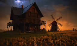 a windmill and building with light in the middle of the night,a windmill on a hill in the middle of a night