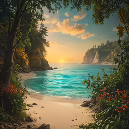 an ocean view with the sun rising on it